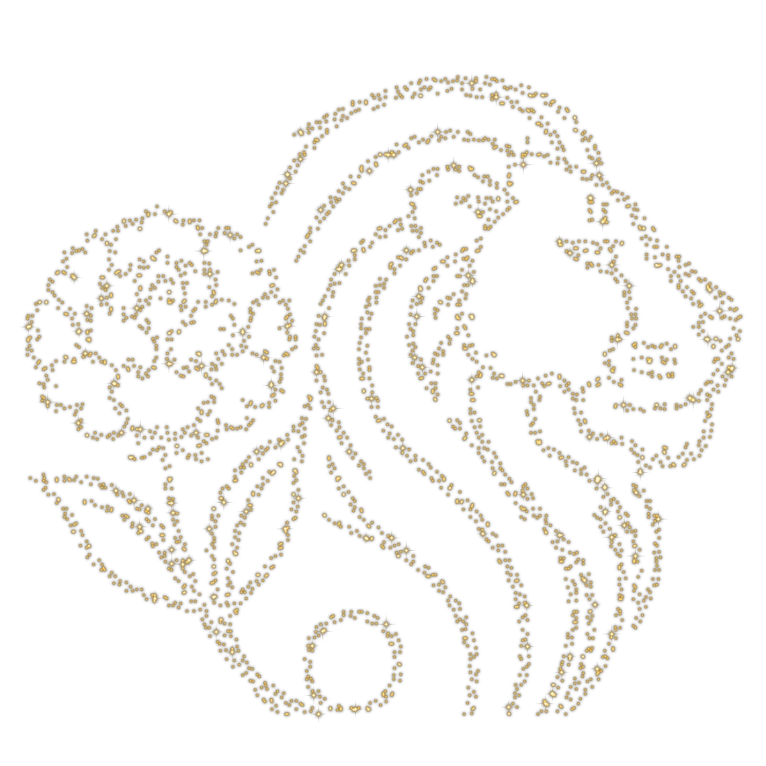 Peony Lion Group emblem — a gold lion paired with a peony, rendered as a glowing constellation